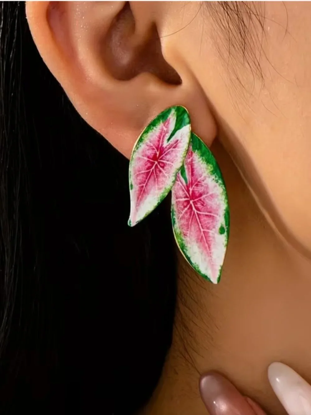 NEW Pink and Green Enamel Caldium Tropical Leaf Earrings